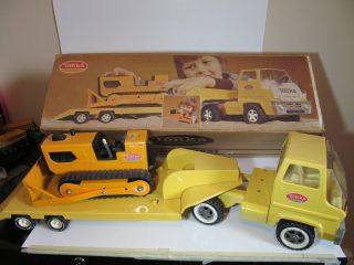 Vintage Tonka 2831 Coe Turbine Semi Flat Bed Lowboy Truck Trailer & Dozer W/box