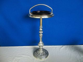 Vintage Ornate Floor Ashtray Gold Tone Metal Stand Amber Glass Mid Century