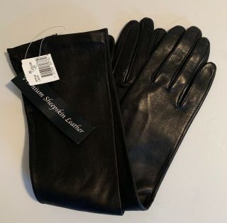 Nwt Saks Black Kid Leather Gloves Size 7 17” Long - Silk Lining