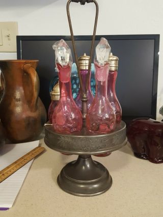 Vintage Antique 5 Piece Cruet Castor Set Cranberry Orignal Glass