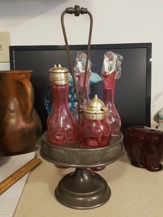 Vintage Antique 5 Piece Cruet Castor Set Cranberry Orignal Glass 2