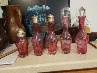 Vintage Antique 5 Piece Cruet Castor Set Cranberry Orignal Glass 3