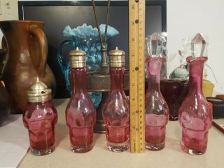 Vintage Antique 5 Piece Cruet Castor Set Cranberry Orignal Glass 8