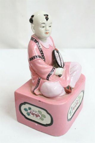 Vintage Japanese Kutani Porcelain Boy Holding Fan Roses Sitting Brick Figurine 4