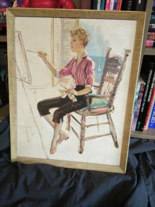Woman Painter Vintage Oil Painting Illustration 1950 