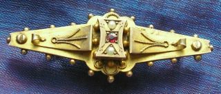 Gorgeous Antique 9ct Gold Mourning Locket Brooch - Pearls & Ruby Chester 1883