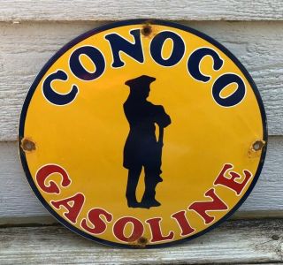 Vintage Conoco Gasoline Sign Porcelain Gas Pump Plate Station Minute Man Oil
