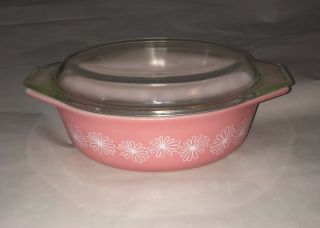 Vintage Pyrex Pink Daisy 1 1/2 Quart Oval Glass Casserole Dish 043 Clear Lid
