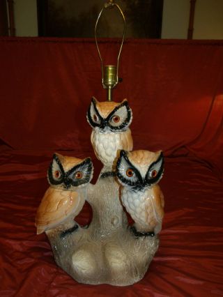 Vintage Mid - Century Ceramic Owl Trio Table Lamp,  Light,  Very Heavy