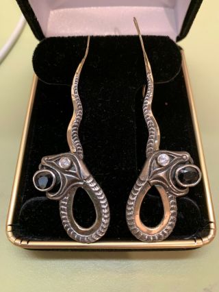 Rare Vtg Old Sterling Silver 14k Gold Snake Drop Earrings Sapphire Diamond Dy07