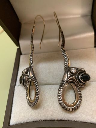 Rare VTG Old Sterling Silver 14K Gold Snake Drop Earrings Sapphire Diamond DY07 3