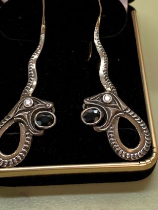 Rare VTG Old Sterling Silver 14K Gold Snake Drop Earrings Sapphire Diamond DY07 5