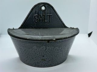 Vintage Rare Gray Graniteware Enamelware Hanging Salt Box With Lid