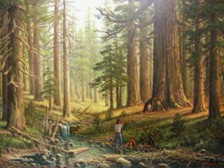 Vtg Oil Painting P.  Flores 20 X24 Redwoods Sequoias Camp California Illustrative