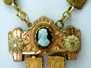 ANTIQUE VICTORIAN GOLD FILLED HARD STONE CAMEO BOOK CHAIN PENDANT NECKLACE 18 
