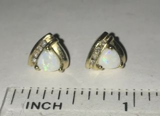 Vintage 10k Gold Opal Diamond Pierced Stud Earrings
