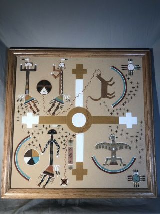 Vintage 1970s Authentic Navajo Signed Sand Painting Framed Native American Art