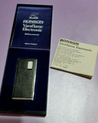 Vintage Boxed Ronson Varaflame Electronic Lighter Crome & Black Leather Tested