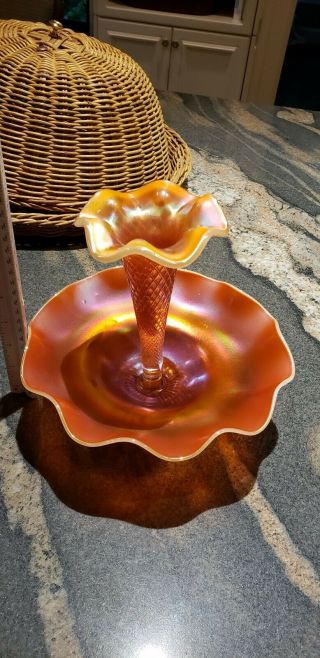 Vintage Dugan Fishnet Opal Carnival Glass Epergne