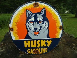 Old Vintage Husky Gasoline Porcelain Gas Station Sign