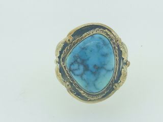 Vintage Estate Sterling Silver,  14k Gold,  Turquoise Navajo Ring Old Pawn Sz 11