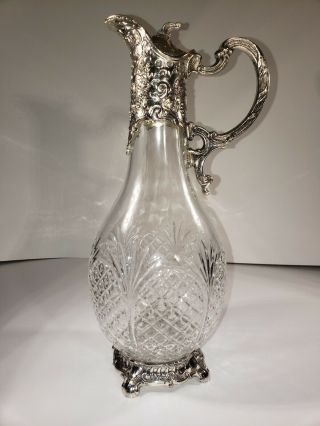 Vintage 1950s Corbell & Company Silver Plate Cut Glass Claret Jug Decanter