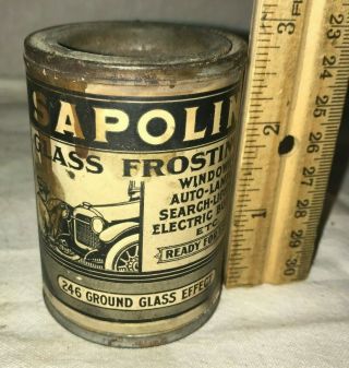 Antique Sapolin Glass Frosting Windshield Auto Lamp Vintage Car Gas Oil Tin Can