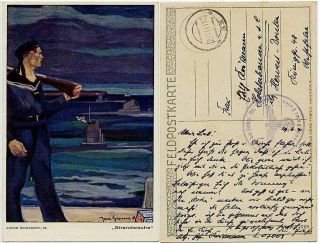 Interesting German Color Wwii Postcard " Marine Feldpost " Cb97