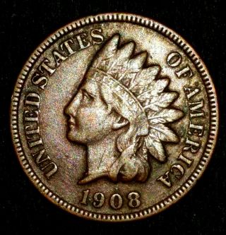 Rare Vintage 1908 S Indian Head Penny One Cent Key Date Full Liberty Xf,  S2