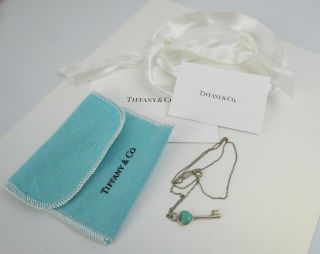Tiffany & Co.  Blue Enamel Heart Key Pendant Sterling Silver 925 Chain & Bag
