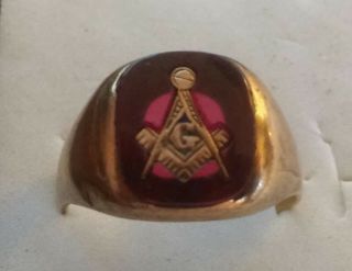 VINTAGE 14K SOLID GOLD MASONIC RUBY RING SIZE 13 1/4 ( (143)) 2