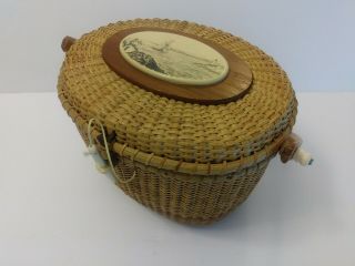 Vtg Nantucket Basket Purse Sailboat Light House Design Signed Barlow