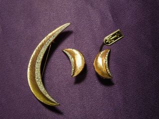 Vintage Jewels By Crown Trifari Earrings & Pin Brooch Crescent Rhinestone Set