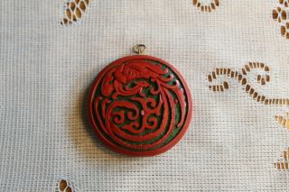 Vintage Chinese Carved Red Cinnabar Pendant Charm No Necklace 2