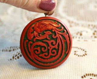 Vintage Chinese Carved Red Cinnabar Pendant Charm No Necklace 3