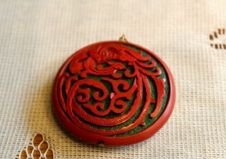 Vintage Chinese Carved Red Cinnabar Pendant Charm No Necklace 6