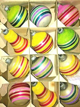 Vintage Shiny Brite Mica Candy Color Bell Ball Striped Mercury Glass Ornaments
