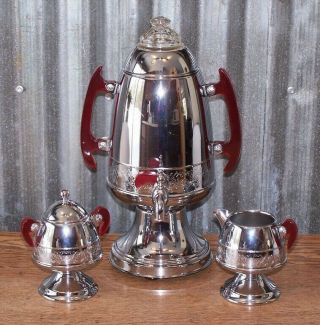 Art Deco Coffee Maker Pot Set/red Bakelite Prystal/chrome/vintage Vulcan Rocket