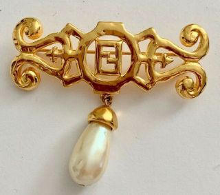 Vintage Gold Tone Faux Pearl Signed Fendi Brooch Pin Jewelry