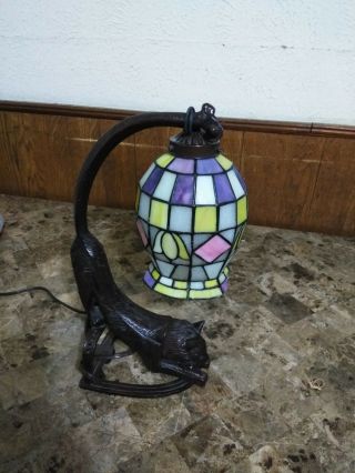 Vintage Tiffany Style Stained Glass Lamp Table Lamp With Cat Base