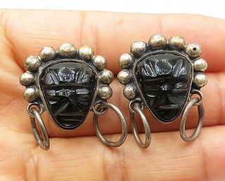 Mexico 925 Silver - Vintage Antique Black Onyx Face Traditional Earrings - E4888