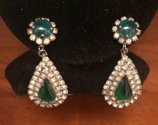 Vtg.  Weiss Rhinestone / Green Stone Brooch & Clip Drop Dangle Earrings Signed 4