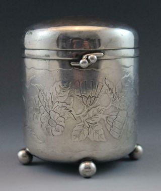 Antique Round Silver Plate Dresser Box Or Tea Caddy Ball Feet Engraved Flowers
