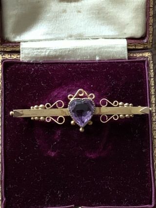 Victorian Antique 9ct Gold Amethyst & Seed Pearl Heart Brooch