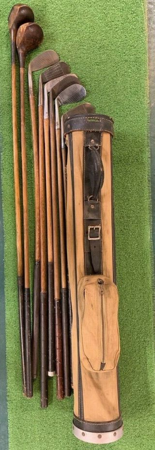 Antique Hickory Wood Shaft Golf Clubs And Vintage Stovepipe Bag