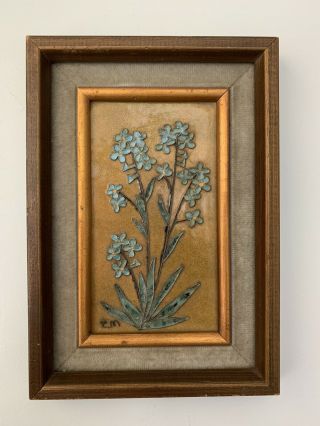 Vtg Mid Century Signee Edith Meyer Enamel Copper Cloisonne Blue Flowers