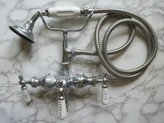 Vintage Shower Tub Faucet Porcelain Knobs Hand Hose Chrome Nickel Brass Antique