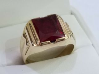 Vintage 1930s Art Deco 10k Yellow Gold & Red Stone Ring Size 9 - 7983