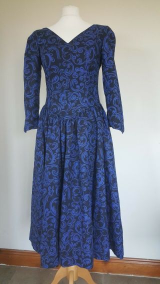Vintage Laura Ashley Navy Blue Print Dress Sweetheart Neck Uk 12 Us 10
