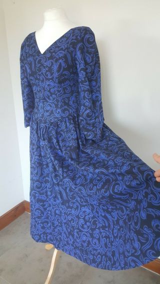 Vintage Laura Ashley Navy Blue Print Dress Sweetheart Neck UK 12 US 10 2